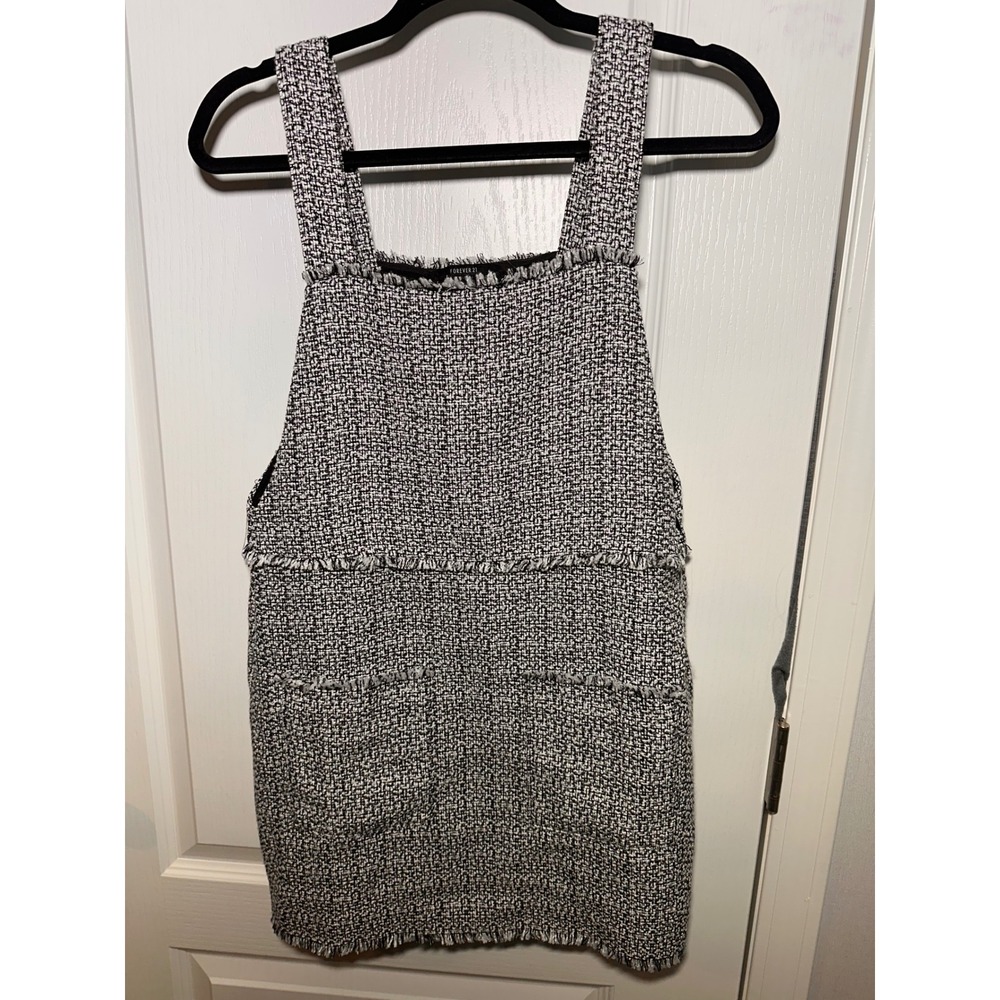 Forever 21 Black White Tweed Pinafore Dress Frayed Trim Boucle Jumper Mini